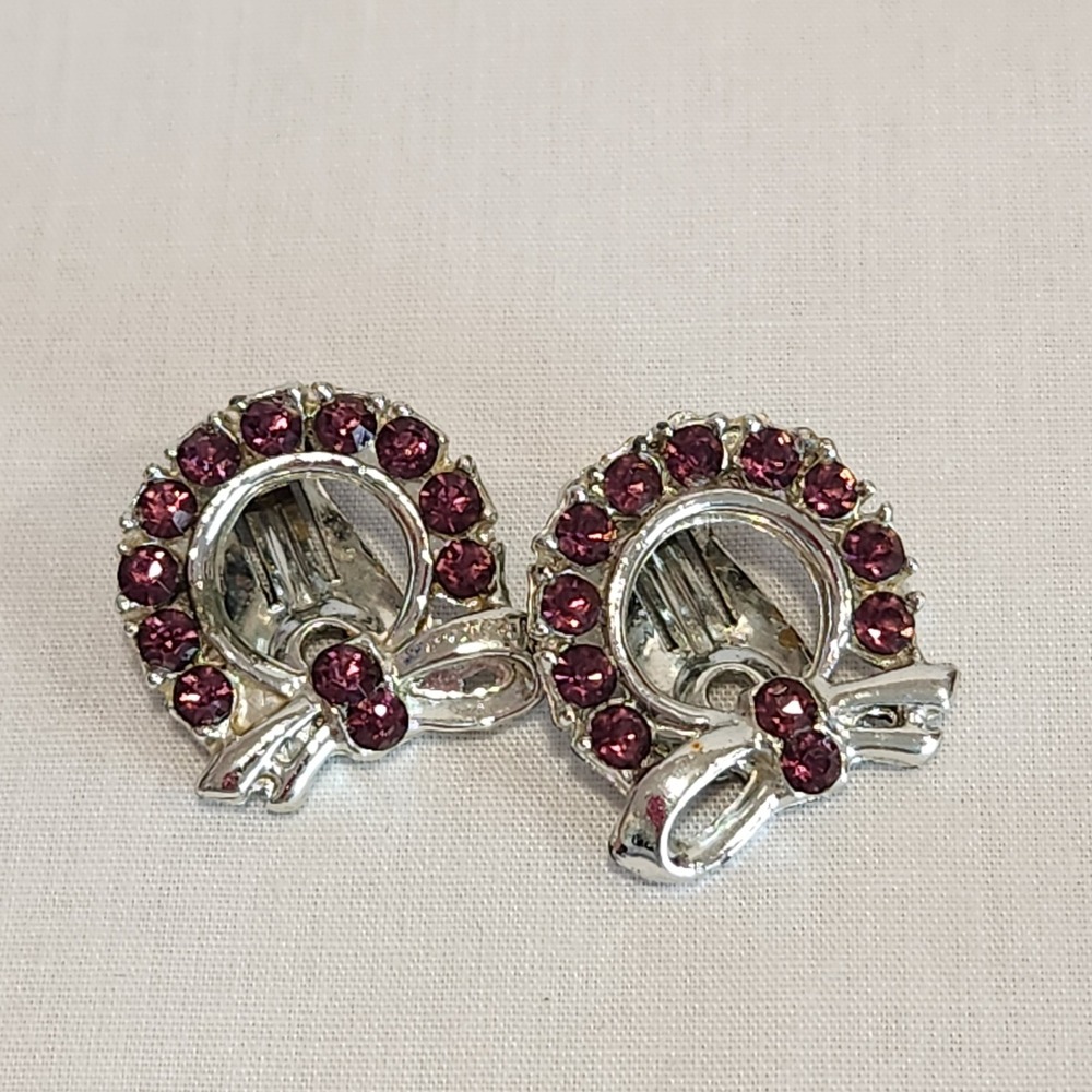 Vintage Purple Rhinestone Wreath Clip On Earrings Purple Bow Silver Tone Festive